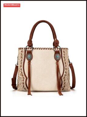 Western Floral Tooled Concho Tote Bag with Crossbody Strap